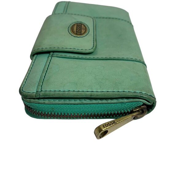 Fossil Explorer Womens Teal Leather Bifold Wallet Zip-Around Clutch Snap Flap - Picture 6 of 9